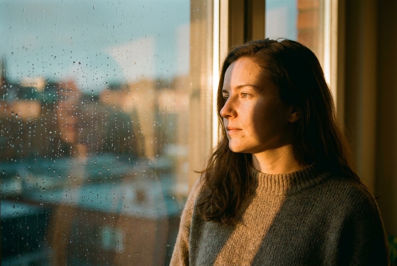 A woman at a rain-streaked window in warm afternoon light — the developed, color-graded frame.