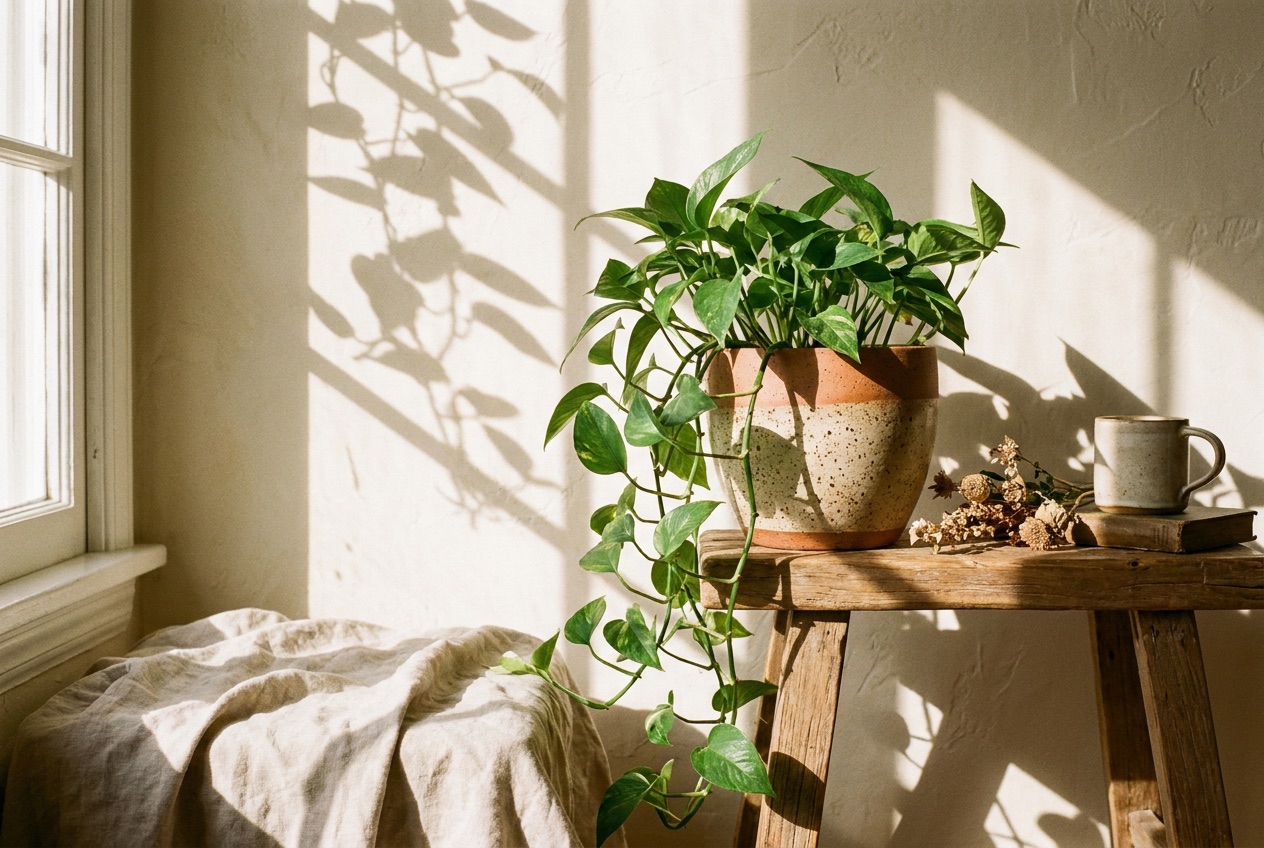 A golden pothos in a clay pot on a wooden stool, lit by warm window light