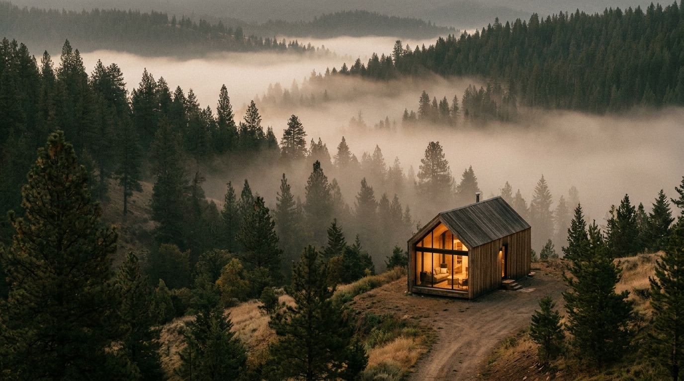 A timber cabin with a warmly lit glass gable wall on a forested hillside at dusk, mist pooling in the pine valleys behind it.