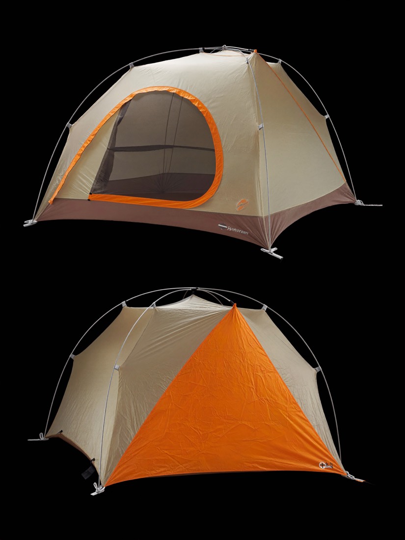 The FS-2 Duo shelter, a two-person tent with twin vestibules, pitched on a snowfield.