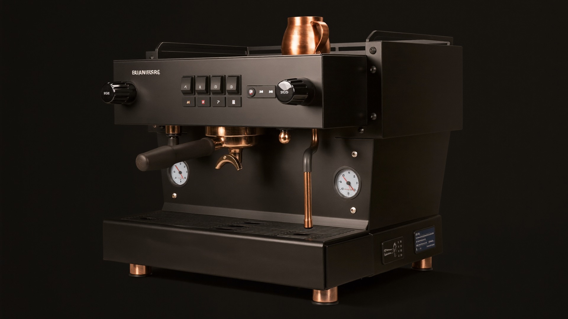 A matte-black MERIDIAN espresso machine photographed close, portafilter locked into the group head.