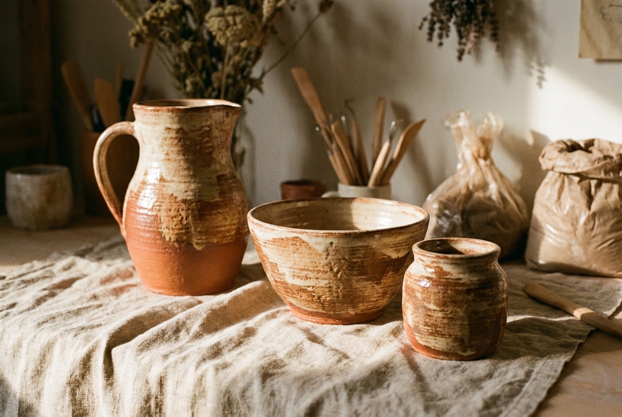 Terracotta and cream ceramic vessels — a jug, jars and stacked bowls — arranged on a linen cloth in warm side light