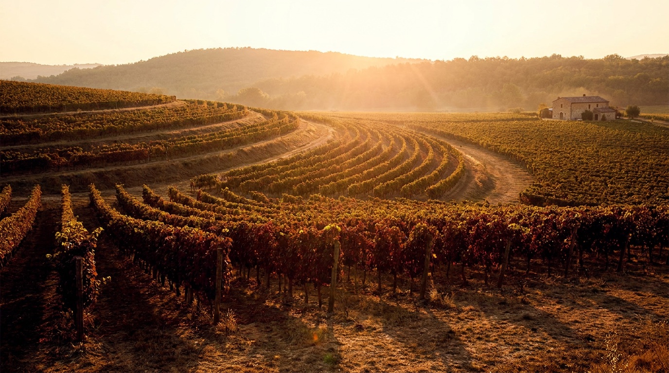 The generated golden-hour vineyard photograph used as the deep layer of the hero.