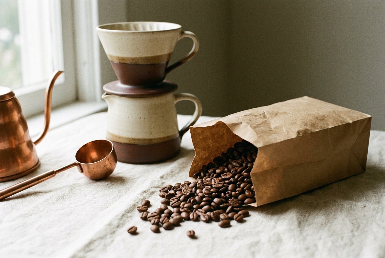 A warm still life of freshly roasted coffee — whole beans spilling from a paper bag beside a filled cup and brass scoop on a linen cloth